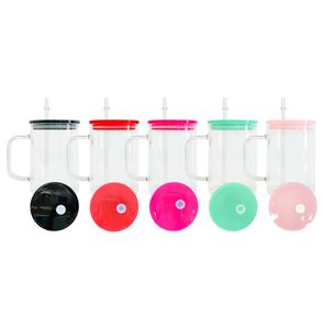 Canecas de acampamento de vidro transparente com alto teor de borosilicato de sublimação em branco de 17 onças com tampas de plástico colorido e canudos adequados para vinil prontos para envio