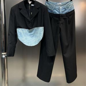 Women's Suits 2023 Autumn Women Blazer Notched Collar Long Sleeve Patchwork Denim Girdle Suit Jacket Female Fashion Trend Y4316