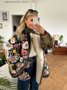 Women's Jackets Flower printed patchwork cotton coat for women's fashion long sleeved thick warm jacket 2023 Elegant autumn casual street clothing T230828