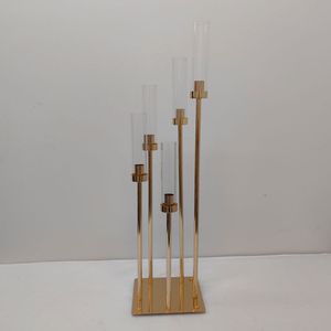 Castiçal de metal com 5 braços, candelabros de ferro para casamento dourado, centro de chão, peças centrais para velas de pilar