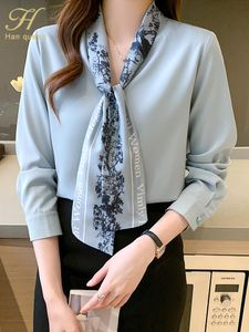 Jeans H Han Queen Elegante Autunno Bow Chiffon Simple Office Bloge Shirt Shirt Slieva Sleeve Long Cashing Oluses Women Women Women