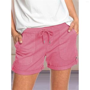 Shorts feminino rosa para mulheres, confortável, cordão, cor sólida, casual, cintura elástica, bolso, confortável, atlético, treino, calças curtas