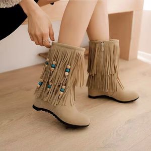 2023 outono/inverno botas femininas fosco frisado aumento interno botas de tornozelo plana tamanho grande 35-43 sapatos de algodão com borla elegante