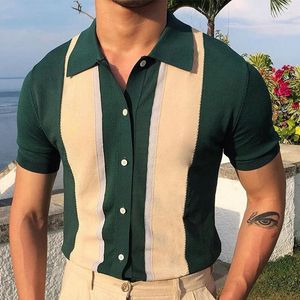 Men's T Shirts Green POLO Shirt Style Mature Collar Contrast T-shirt Single Breasted Cardigan Knitted Wear