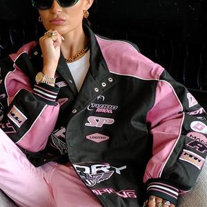 Kvinnors jackor trench baseball rosa jacka varsity y2k streetwear vinter kvinnor kläder 2023 långa racer lapptäcke bokstäver rockar 230829