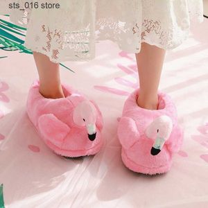 House Slippers Women Fur Fashion Warm Ins Winter Plush Grils Bedroom Shoes Cute Cartoon Flamingo Pink Slides Onesize T230828 947