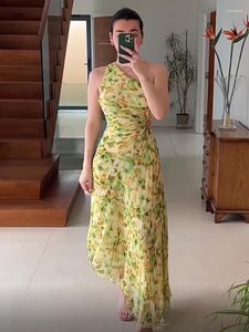 Casual Dresses Women's Romantic Floral Print Maxi Dress Summer One Shoulder Flowy a Line Pleated for Wedding Guest Bridesmaid NIGTH OUT