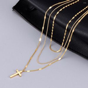Correntes banhado a ouro pingente cruz colar três camadas de aço inoxidável clássico para mulheres presentes colares na moda aceitar personalizado 7g 450mm