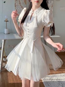 Bubble Sleeve French Elegant Dres Chiffon Vintage Sweet Party Mini Dress Female White Retro Cute Fairy Summer New 230808