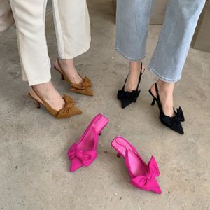 Sapatos de vestido verão marca mulheres estilingue sandálias sapatos moda arco-nó apontado dedo do pé deslizamento em senhoras elegante vestido bombas sapatos 230829