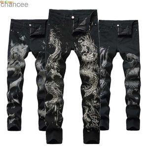 Yeni Erkekler Çin Dragon Siyah Skinny Jeans Rahat Moda Hip-Hop Erkekler Denim Pantolon Sokak Giysesi Baskı Pantolonları HKD230829