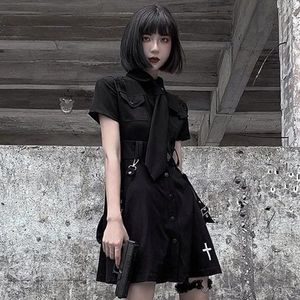 Mulheres vestidos casuais goth vestido punk gótico harajuku verão preto mini vestido camisa feminina manga curta roupas goth acessórios