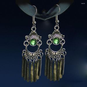 Dangle Earrings Female Ethnic Green Stone Tassel Metal Women's Jewelry Exquisite Antique Silver Color Handmade Drop Earring