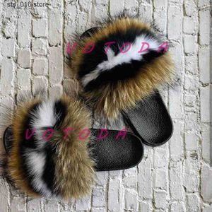Women New Summer Slippers Woman Fluffy Fox Raccoon Fur Slides Female Furry Outside Flip Flops Ladies Slip On F ry