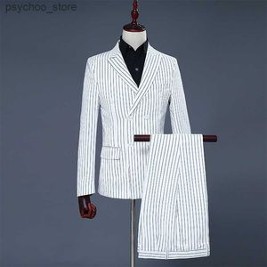 Erkekler Beyaz ve Siyah Stripe Damat Elbiseleri Elbiseler Çift Kruvaze Akıllı Sıradan Erkekler Takım Slim White Düzenli Blazers Q230828