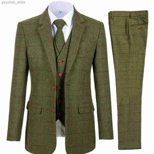 Men's 3 Piece Suits Bussiness Formal Notch Lapel Groomsmen Woolen Plaid Tuxedos for Party Activities Wedding (Blazer+Vest+Pant) Q230828