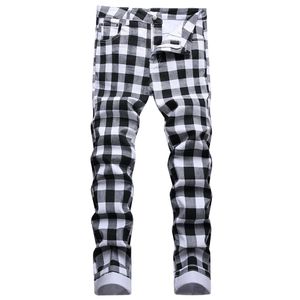 Mens Jeans Black and White Plaid Printed Fashion Check Digital Print Slim Straight Pants Stretch Trousers 230828