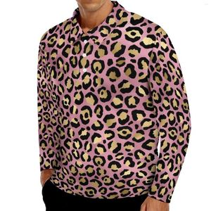 Herrpolos leopard tryck casual t-shirts män rosa och guld långärmad polo skjortor avvisar krage cool vårgrafisk skjorta stor storlek