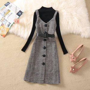 Basic Casual Dresses Korean Two Piece Set Dress Women Autumn Winter Houndstooth Woolen Spaghetti Strap Dress With Belt Knee-Length Sundress Vestidos 230828