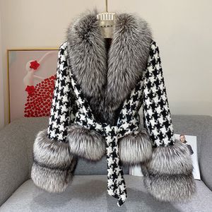 Womens Fur Faux ZDFURS Outono e Inverno Casaco Houndstooth Collar Curto Prata Court Moda Roupas 230828