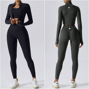 Roupa feminina de ioga da marca LL Colete de três peças + calças + jaquetas Ternos para exercícios justos, roupas de fitness, corrida, elástico para treino adulto, roupas esportivas, tops com calças elásticas