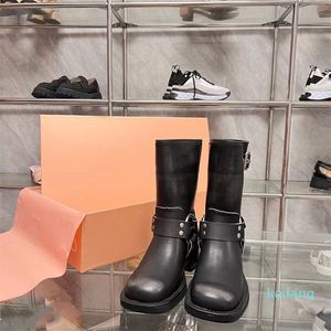 Designer Nniu Boots Harness Belt Buckled Cowhide Leather Biker Knee Luxury Boots Chunky Heel