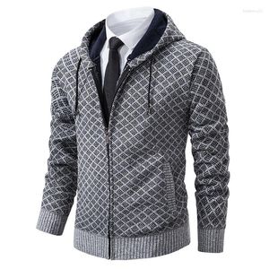 Suéter masculino outono e inverno cardigan suéter fino ajuste com capuz zíper jaqueta grossa de malha puro algodão quente roupas casuais