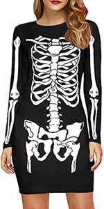 Women's Halloween Dress Costume Skeleton Funny Long Sleeve Midi Dresses