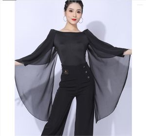 Stage Wear Sexy Lace Stitching Ballroom Dance Tops Black Mesh Sleeve Bodysuit Tango Dancing Performance Costume Waltz Dancewear