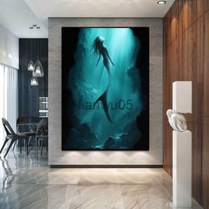 Pittura su metallo Sirena Sirena Fantasia Oceano Arte Pittura Stampa su tela Poster Nero Verde Mare Grotta subacquea Immagine Soggiorno Decorazione della parete di casa x0829