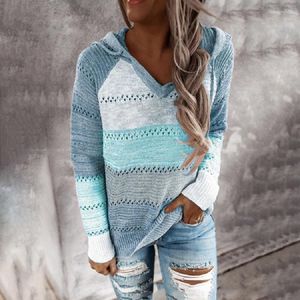 Women's Sweaters Hooded Knitted Hollow Out Sweater Women Vintage Fashion Pullover Long Sleeve Print Knit Tops Hoodies V-Neck Loose Jumper