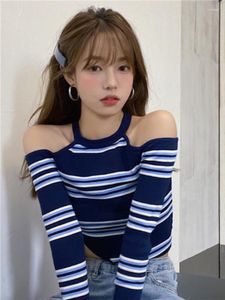 Kadın Sweaters Deeptown Vintage Çizgili Kırpılmış Kazak Kadınlar Harajuku Kpop Seksi İnce Omuz Juster