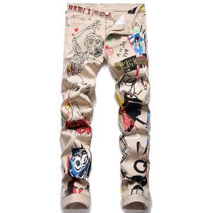 Jeans masculinos halloween comércio exterior graffiti novo cáqui impresso tingido jeans apertado mendigo
