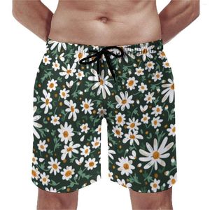 Shorts masculinos elegante margarida verão flor branca impressão correndo surf calças curtas homens secagem rápida retro plus size troncos de natação