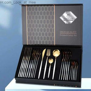 24 Piece Set Stainless Steel Cutlery Gold Plated Portuguese Knife Fork Spoon with Gifts Box Tableware Set Kitchen Supplies Q230828