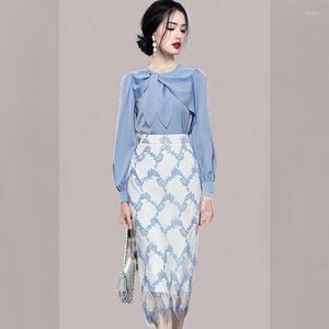 Women's Two Piece Pants Elegant Autumn Ladies Office 2 Set Women Satin Ribbon Blue Shirt High Waist Flower Lace Hollow Out Midi Pencil Skirt