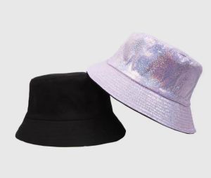 Shinny Party Laser Bucket Hat Stage Wear PU Leather Sparkle Cappelli da pescatore a tesa larga Festival musicale di Natale Berretto hip-hop olografico Colore metallizzato CPA5791 089