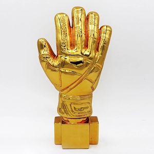 Decorative Objects Figurines 26cm Golden Football Goalkeeper Gloves Trophy Resin Crafts Gold Plated Soccer Award Customizable Gift Fans League Souvenirs 230828