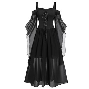 Gothic Dress for Women Halloween Cold Shoulder Dresses Plus Size Flared Sleeve Dress Vintage Lace Up Medieval Dress