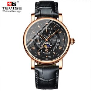 Kol saatleri Tevise T867A Çok Function Dial Moon Faz Su Geçirmez Deri Mekanik Saat Spor Moda 230828