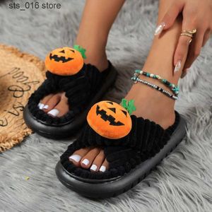 New Cross Women Winter Halloween Band Pumpkinhead Slipper Miękka pięta platforma futra ciepła wewnętrzna dama otwarta palce puszyste kapcie