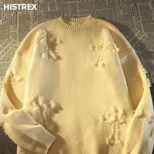 Męskie swetry jesienne zima Y2K dziura frędzlony sweter mężczyźni luźne wszechstronne sweter z długim rękawem pullover retro ponadwymiarowy Sweter streetwearu 230829