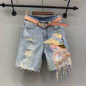 Kvinnors shorts jeans 2022 Summer Women Beauty Print Paljetter Tassel Hole Denim Shorts Female Casual Streetwear Beaded Knee Length Short Jeans Byxor