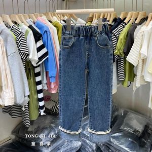 Calças jeans para meninas calças de cigarro primavera e outono roupas infantis bebê flanging reto slim-fit estiramento