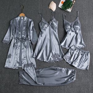 Kvinnor Sleepwear Kvinna 5st Pyjamas Set Satin Pyjamamas Lace Patchwork Bridal Weddal Nightwear Rayon Home Wear Nighty Robe Suit 230828