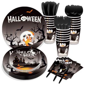 使い捨ての平らな食器ハロウィーンブラックペーパープレート誕生日パーティー用品セットカップディナーウェアカトラリーキットは、ナプキンズC DHGRSのために8人のゲストを提供します