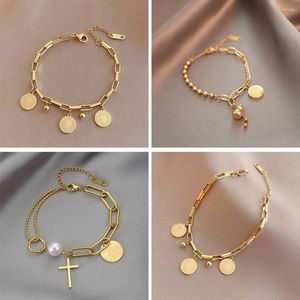 Charme pulseiras vintage aço inoxidável em camadas de ouro pingente pulseira para mulheres retro punk gótico retrato moeda cruz pérola jóias