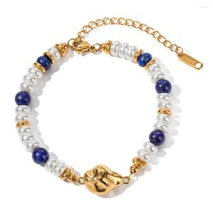 Link Bracelets Uworld Unique Stainless Steel Natural Stone Lapis Lazuli Pearl Beaded Bracelet A Standout Finish Metal Texture For Women