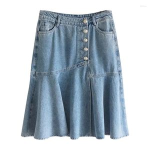 Kjolar 2023 vår sommar överdimensionerad 5xl lös denim kjol kvinnor elastisk midja tvättade jean ruffle split hem knapp-up mantel