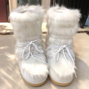 Boots Winter Snow Boots Women Ski Boots Fluffy Hairy Lace Up Middle Calf Platform Flat With White Ski Boots 230829